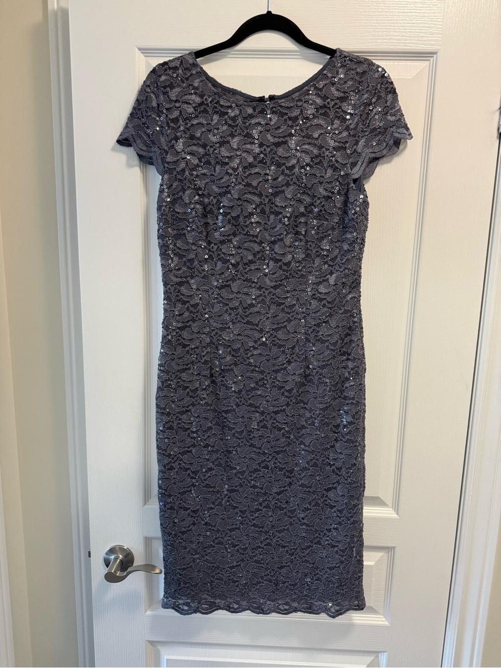 Elegant Lace Sequin Sheath Dress in Slate Gray